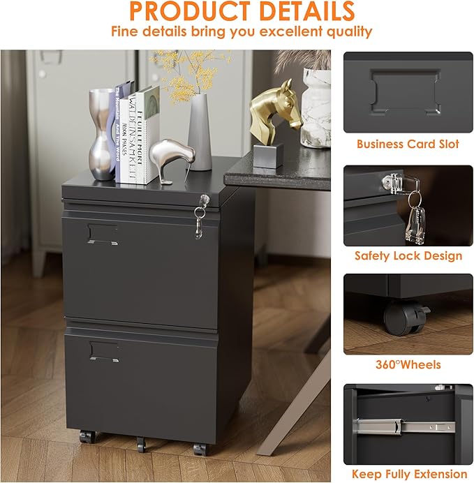 SUXXAN 2 Drawer File Cabinet with Wheels, Under Desk Drawer with Lock Name Card Holder for Home Office, Metal Filing Cabinet for Legal/Letter Size, Assembly Required