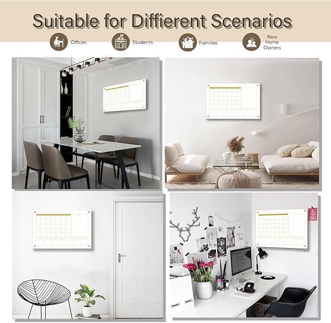 Glass 3-1 Golden Monthly Dry Erase Calendar Whiteboard for Wall,24"x 36",Frameless Mounting,Office/School/Home, Frameless Large Planner White Board