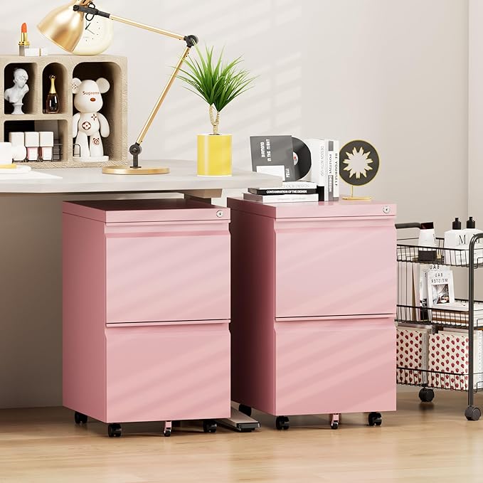 METAN 2 Drawer File Cabinet with Lock, Mobile Under Desk Filing Cabinet for Office Legal/Letter Size, Fully Assembled Except Wheels,Pink