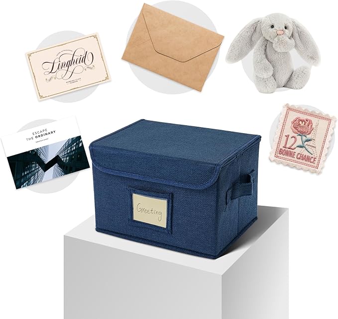 Vienrose Greeting Card Organizer Storage Box with 20 Removable Dividers, 84 Self-stick Labels, Perfect for Photos, Envelopes, Scrapbooking, Paper, Stickers Holder 1 Pack Navy