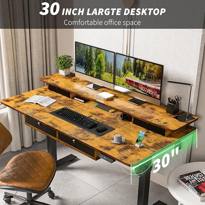 Kingant 63 x 30 Inch Electric Standing Desk with 4 Drawers, Adjustable Height Computer Desk for Home Office, Large Workstation Sit Stand Up Desk with Built-in USB A/C Charging Ports, Rustic Brown