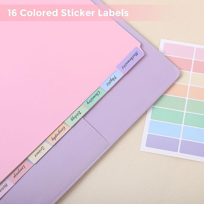 SKYDUE 8 Tab Durable Plastic Dividers, Big Tab Dividers for 3 Ring Binder, Write & Erase 3 Ring Binder Dividers with Tabs, with Sticker Labels, 1 Set, Aesthetic Pastels Binder Dividers