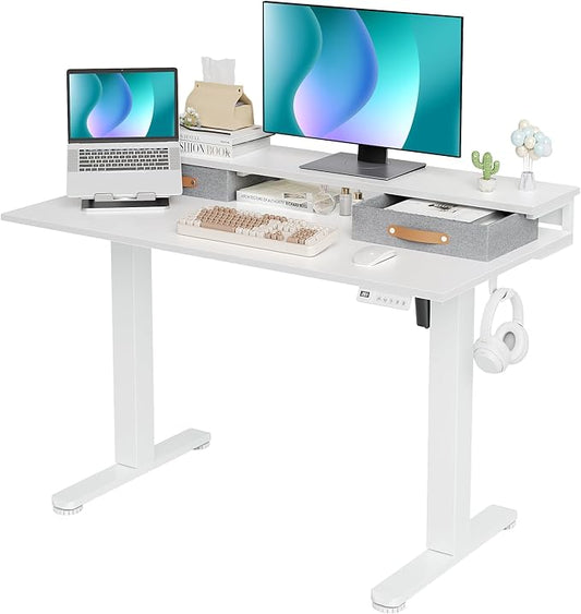 Claiks Electric Standing Desk with 2 Drawers, Adjustable Standing Desks with Storage, Height Adjustable Stand up Desk for Home Office with 2 Hooks,48 Inch White