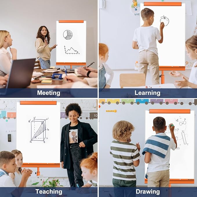 TSJ OFFICE Rolling Whiteboard Standing - 40 x 26 Inches Magnetic Mobile White Board with Stand, Height Adjustable Dry Erase Board on Wheels with Paper Clamp on Top, Orange