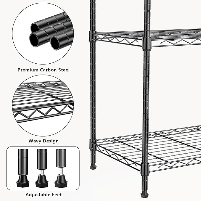 M MZG 1000 lbs 4Tier Shelf Metal Storage Shelves Wire Rack Closet Organizers with Wheel for Garage Kitchen Bathroom Laundry Black 13.7" D x 29.5" W x 47.2" H