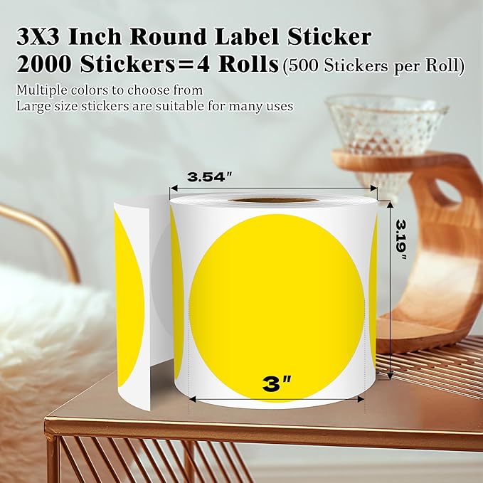 3 Inch Round Colored Dot Stickers, 2000 PCS, 4 Rolls in Dispenser Box - Yellow Circle Color Coding Labels Dot Labels for Office, Home, Inventory Organizing