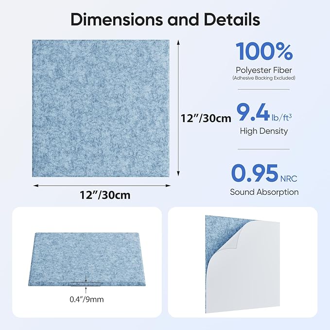 UNECHO 12 Pack 12" X 12" X 0.4" Acoustic Panels for Wall Sound Absorbing,Square Self-Adhesive Sound Panels, High Density Suitable for Multiple Scenarios(Light Sky Blue)