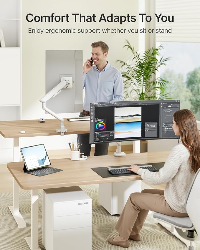 monTEK Single Monitor Arm, Mechanical Spring Monitor Arm for 17-40" Ultrawide Screens, Adjustable Monitors Desk Mount Holds up to 24.2 lbs with C Clamp/Grommet Desk Mount, VESA 75/100mm, MA1011WH