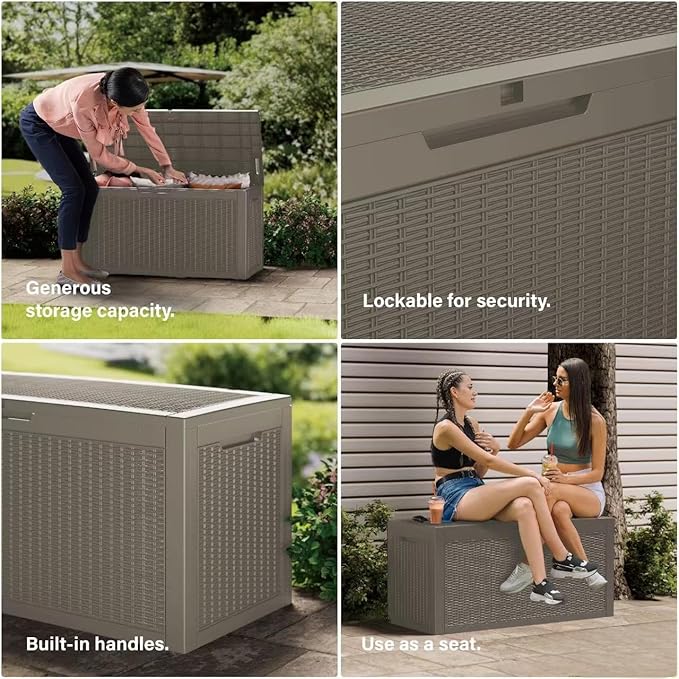 Decksplore 320 Gallon Outdoor Storage Box Waterproof Lockable Resin Deck Box Large, Patio Storage Bin for Pool Accessories Cushion Furniture, Garden Tools, UV-Resistant Outside Delivery Grey