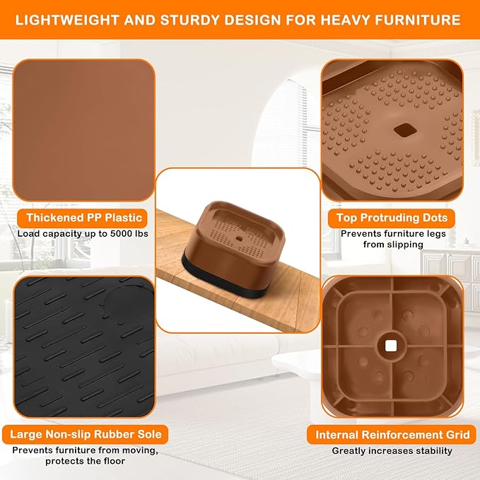 shouwuhho 6 Pack Furniture Risers Adjustable Bed Risers Heavy Duty Lifts Height 1", Square Stackable Bed Risers 1, 2 or 3 Inch for Desk Leg Table Couch Sofa Chair Bed Frame Legs Dorm, Brown