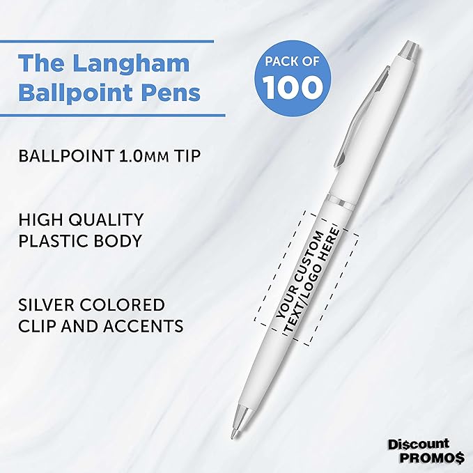 DISCOUNT PROMOS Custom Langham Ballpoint Ink Pen - Set of 100 Writing Pens for Work - Cool Pens for Writing, Black Ink, White
