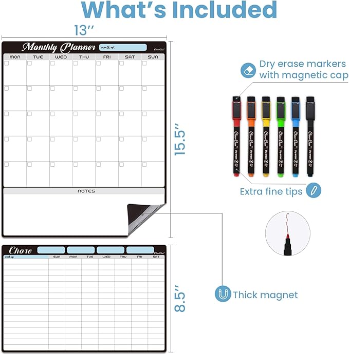 Magnetic Dry Erase Monthly Calendar Set - 15.5"x13" Monthly Calendar and 8.5"x13" Chore Board for Fridge - 6 Extra Fine Point Markers Included - Shipped Flat