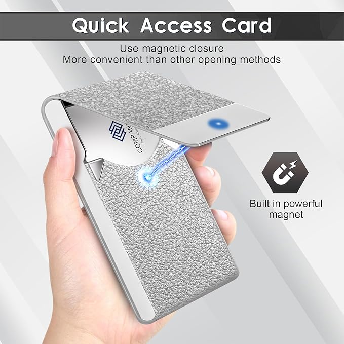 Business Card Holder with Ultra Slim Design, Business Card Case with Premium PU Leather, Suit Pocket Metal Card Holder for Women/Men, Magnetic Closure Quick Access Cards