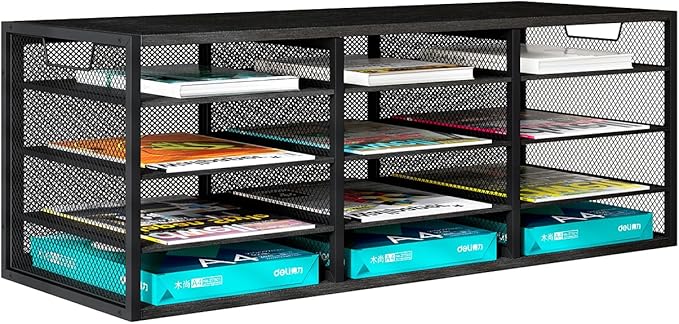 PAG-Mass Mail Sorter Adjustable Countertop Heavy Duty Literature Organizer Student Mailbox for Classroom Desktop Bill Paper Holder Rack for Office Home School, 12 Compartments, Black