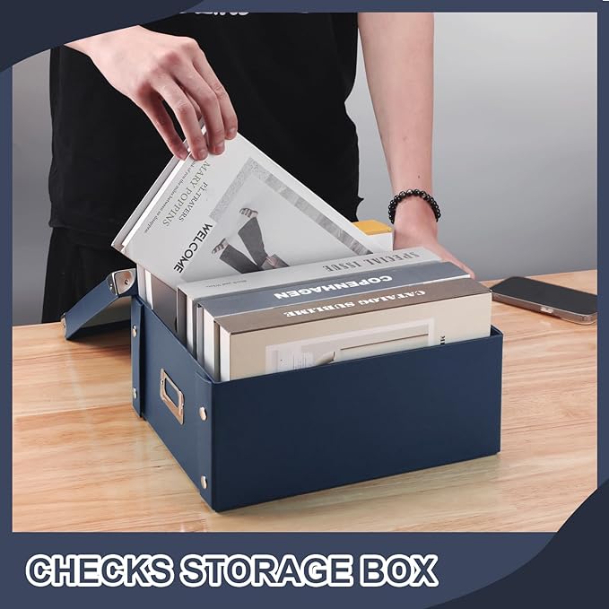 DLUGOPIS 2 Pcs Inch Checks Storage Box with Lid Document Boxes Document Bin Banker Boxes Foldable Receipt Box Storage Navy Blue Cardboard Record Boxes For Business Pesonal Books Files 12"x10"x5"