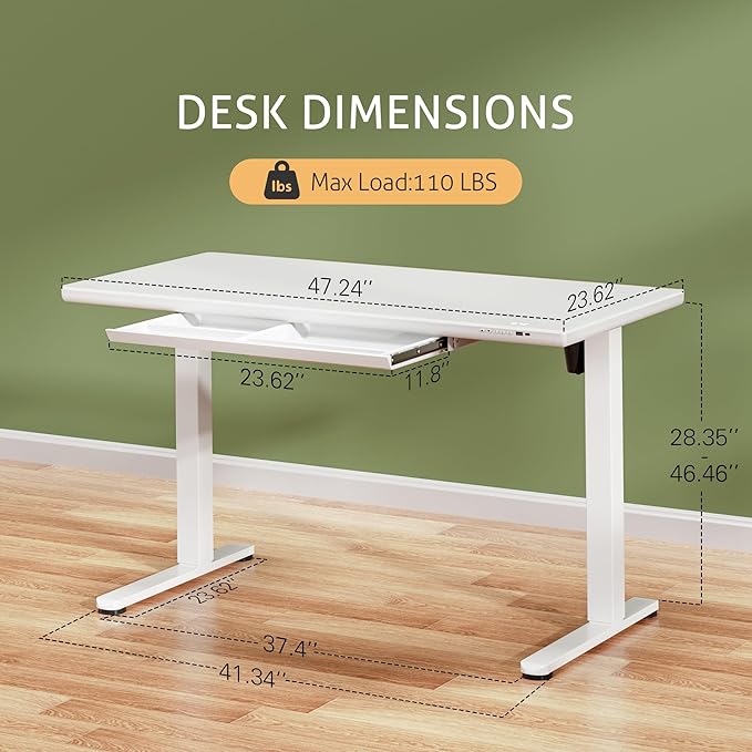 Furmax Glass Standing Desk with Drawers, Electric Adjustable Home Office Sit Stand Desk with One-Piece Desktop & USB Charging Port for Computer Desks