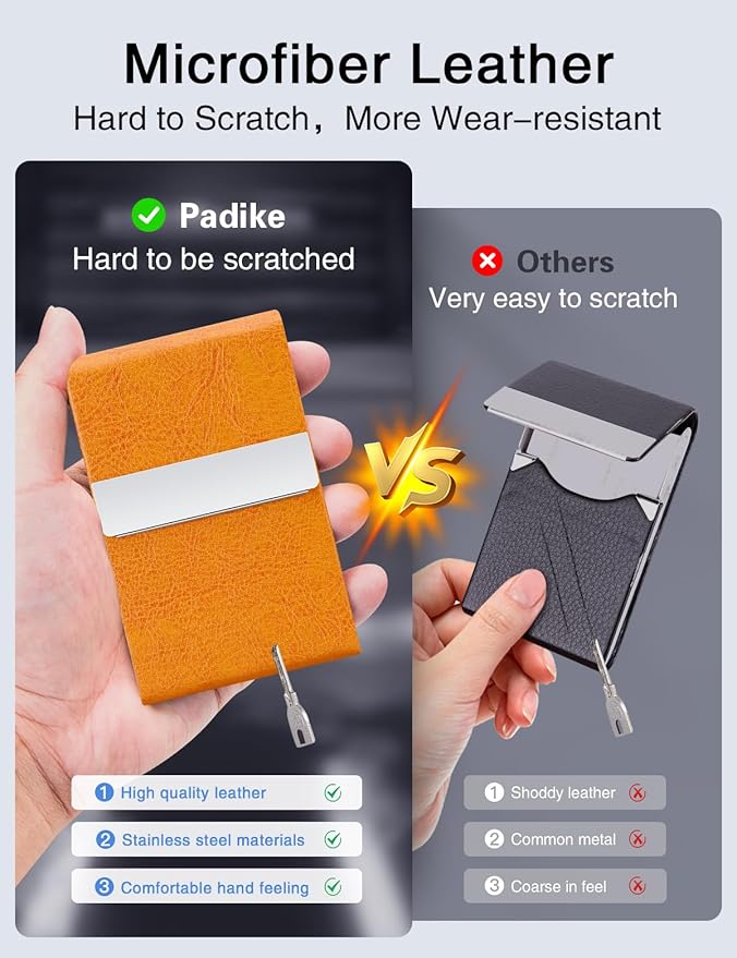 Padike Professional Business Card Holder PU Leather Business Card Case Name Card Holder Slim Metal Pocket Card Holder with Magnetic Shut (Z-Orange)