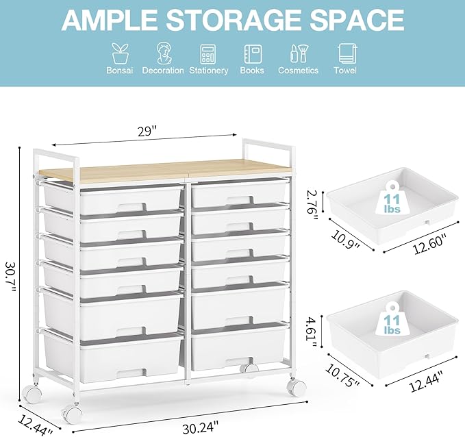 Rolling Storage Cart with 12 Drawers, Wooden Tabletop Utility Cart for Craft Storage, Art Supply Storage & Home Office Organization, Teacher Cart with Wheels for Classroom, School (White)