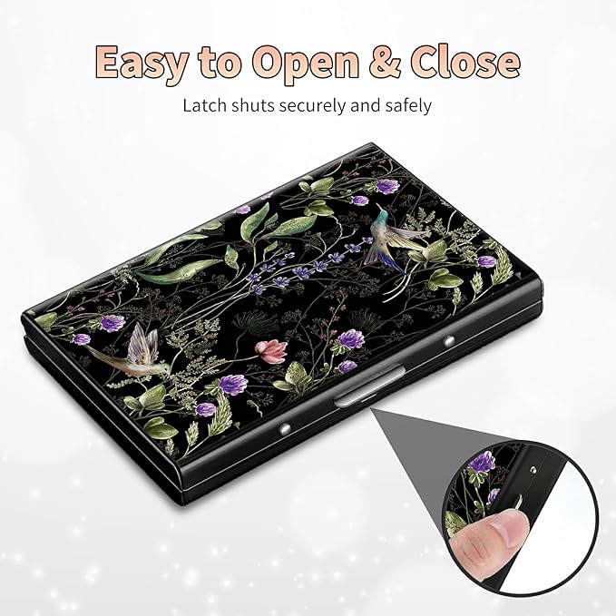 BWEGRHE Slim Credit Card Holder, Wild Flower Hummingbird RFID Blocking Metal Wallet for Men & Women, Aluminum Minimalist Hard Case Pocket-Sized Business Cards Organizer (Fits Up to 10 Cards)