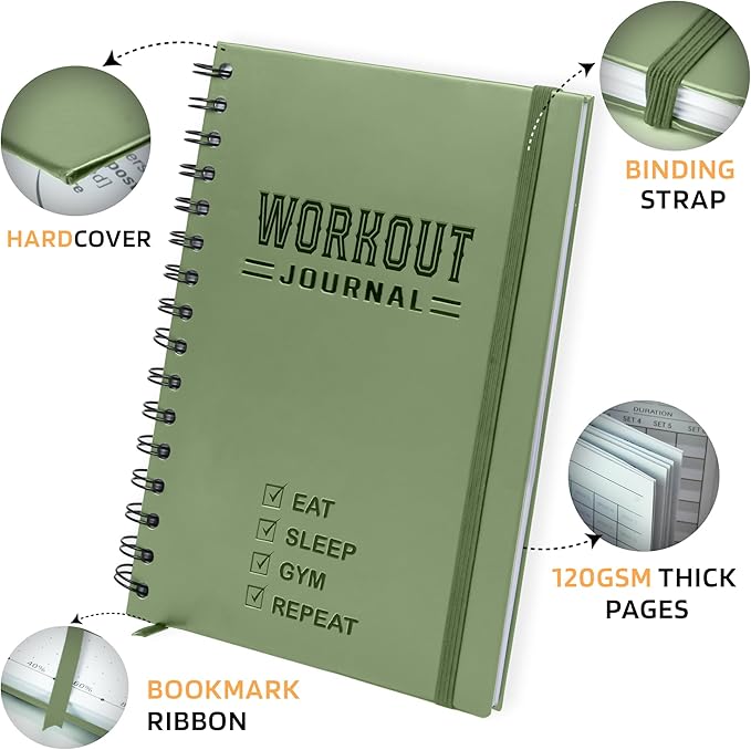 Nextnoid Hardcover Fitness Journal Workout Planner for Men & Women - A5 Sturdy Workout Log Book to Track Gym & Home Workouts - Green