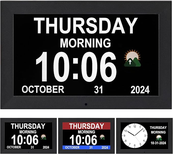 Memwake Digital Alarm Clock, Multiple Alarm Functions, Clock with Date and Week, Digital Alarm and Electronic Calendar for Seniors (White, 7 inch) (10-inch Black)