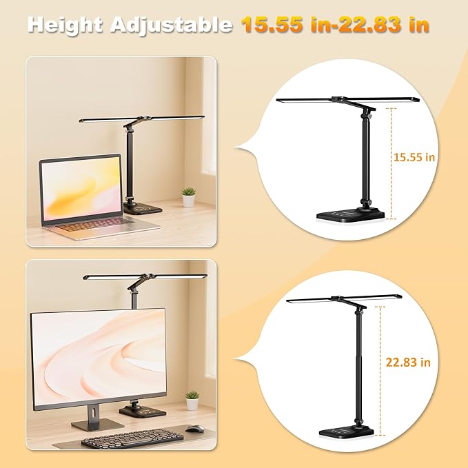 CHARYJOD LED Desk Lamp for Office Home, Height Adjustable Architect Desk Light with USB Adapter, Stepless Dimming Desk Lamp Light for Reading, Study, Workbench