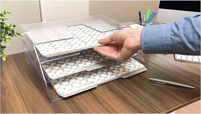Acrimet Horizontal Triple File Folder Holder, Open Top Desktop Document Sorter for Letter Size Papers & Folders, Plastic (Clear Crystal)