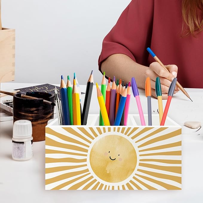QZQE Boho Yellow Sunshine Pen Pencil Holder Organizer for Desk, Cute Smile Groovy Sun Sunshine Wooden Box Signs Decorations for Kids Room Home Classroom Desk Tabletop