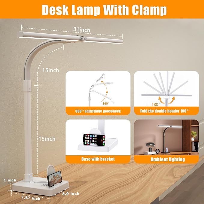AKRRYR Led Desk Lamp for Home Office,24W Bright Eye-Caring Desk Light with Base,5 Brightness and 5 temperatures Dimmable Workbench Task Light, Adjustable Gooseneck Table Lamp for Monitor(White)