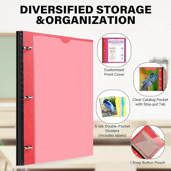 WOT I Telescoping Project Organizer, Refillable Binder with Dividers and Pockets, 13 Pocket Folders, 1 Inch 3 Ring Binder, Red