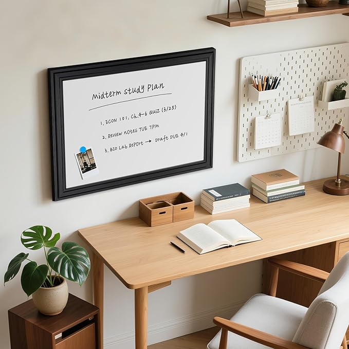 White Board for Wall, 24'' x 18'' Magnetic Dry Erase Board, Decorative Black Vintage Wooden Frame Whiteboard for Home Office School Dorm Kitchen
