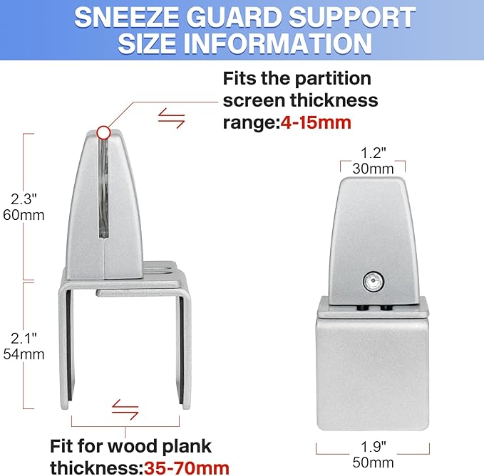 2 Packs Sneeze Guard Support, Aluminum Vertical Partition Board Clamp, Acrylic Desk Divider Support Clamp, Desk Shield Privacy Panel Clamps for Clear Shield for Countertop Reception