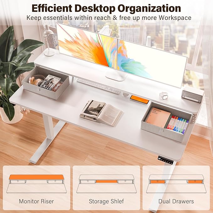 Kingant 55 x 24 Inch Electric Standing Desk with Dual Drawers, Height Adjustable Sit to Stand Computer Desk with Storage Shelf and C-Clamp Mount Compatibility for Home Office, White