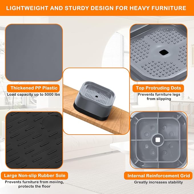 shouwuhho 6 Pack Furniture Risers Adjustable Bed Risers Heavy Duty Lifts Height 1", Square Stackable Bed Risers 1, 2 or 3 Inch for Desk Leg Table Couch Sofa Chair Bed Frame Legs Dorm, Gray