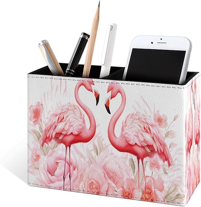 Famame Pink Flamingos Flowers Pencil Holder for Desk, Leather Desktop Container Pen Cup Storage Study Table Pen Organizer Makeup Brush Holder for Classroom Office Home