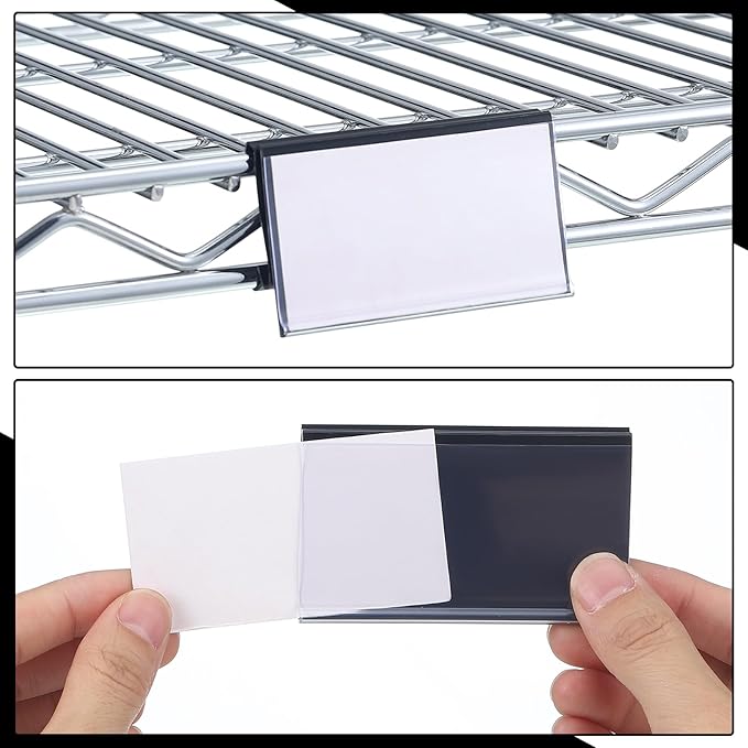 Kathfly 50 Pcs Wire Shelf Label Holders Compatible with Metro 1-1/4in Shelves, Plastic Wire Rack Label Holder 3" l x 1.25" H Price Tag Shelf Clips On, Black
