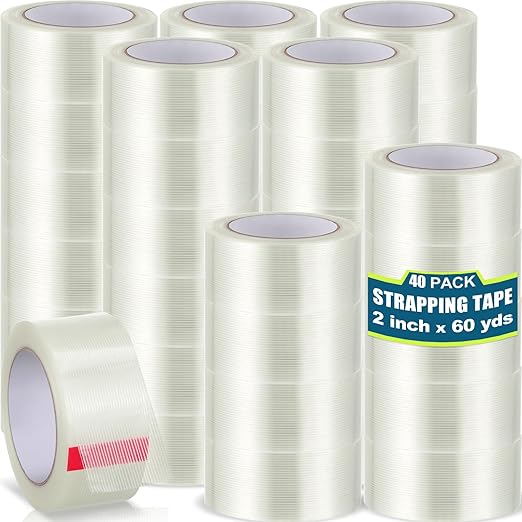 Treela 40 Rolls Strapping Tape 2 Inch X 60 Yards 5.5 Mil Fiberglass Filament Tape Transparent Reinforced Heavy Duty Packing Strips for Shipping Sealing Binding Fixing