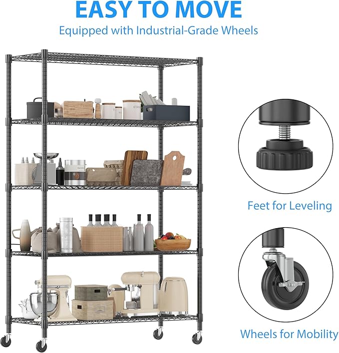 Homdox 5 Tier Storage Racks and Shelving, 24"x60"x82" Heavy Duty Metal Shelves for Storage, 3000LBS Commercial Adjustable Wire Shelving Unit on Wheels for Garage, Pantry, Kitchen, Warehouses, Black