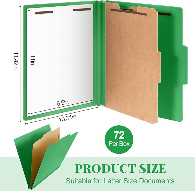 Skyygemm 72 Pcs Classification Folders Letter Size, 1 Divider Pressboard File Folder with Fasteners, Expanding File Organizer Bulk for School Teachers, Office Employee, Coworker, Staff (Green)