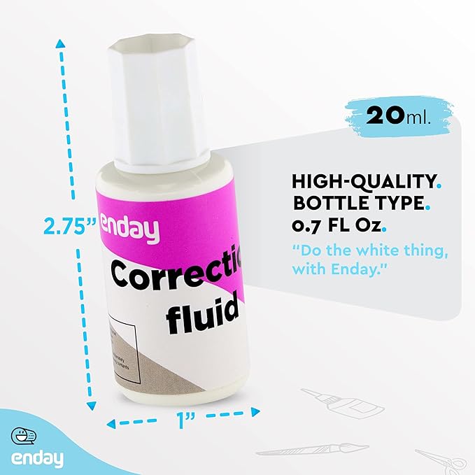 Enday Liquid Correction Fluid Pack of 4, White Fluid .7 fl. Oz. / 20 ml Multi-Purpose Smooth Corrector for school, Office, and Home – by Enday