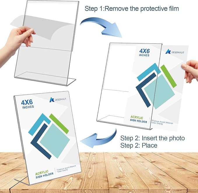 DESONAUT 8Pack Slanted Back Acrylic Sign Holder 4 x 6Inches，Clear Plastic Sign Holder Paper Photo Display，Menu Table Top Desktop Stand，Clear Picture Frame，Flyer Holder(Vertical)