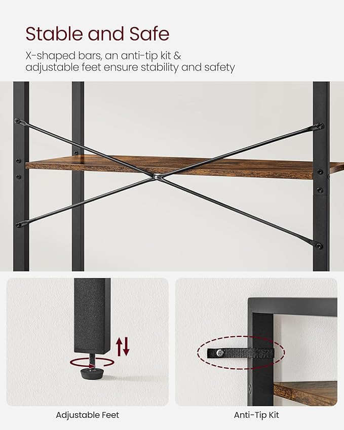 VASAGLE 5-Tier Bookshelf, Bookcase with Steel Frame, Book Shelf for Living Room, Home Office, Study, 11.8 x 26 x 60.2 Inches, Industrial Style, Rustic Brown and Ink Black ULLS061B01