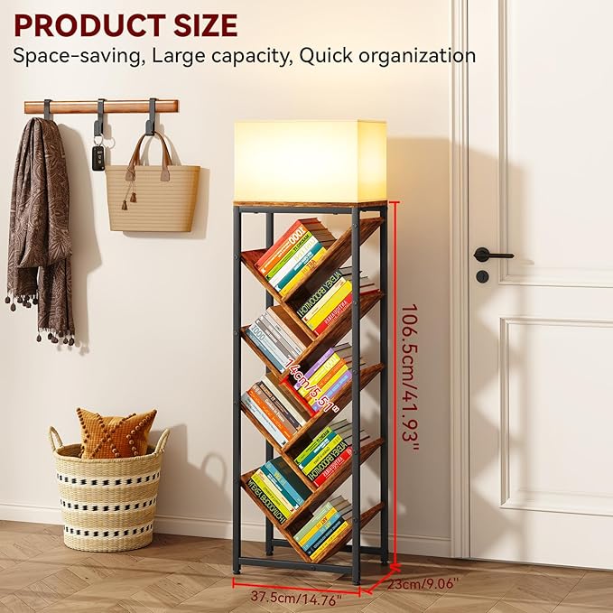 IBUYKE 9 Tier Tree Bookshelf, Floor Standing Wood Bookshelf for Narrow Space, Storage Organizer Bookcase for Books/CDs/Movies, Small Corner Bookcase for Bedroom Living Room,Rustic Brown,TBC002H