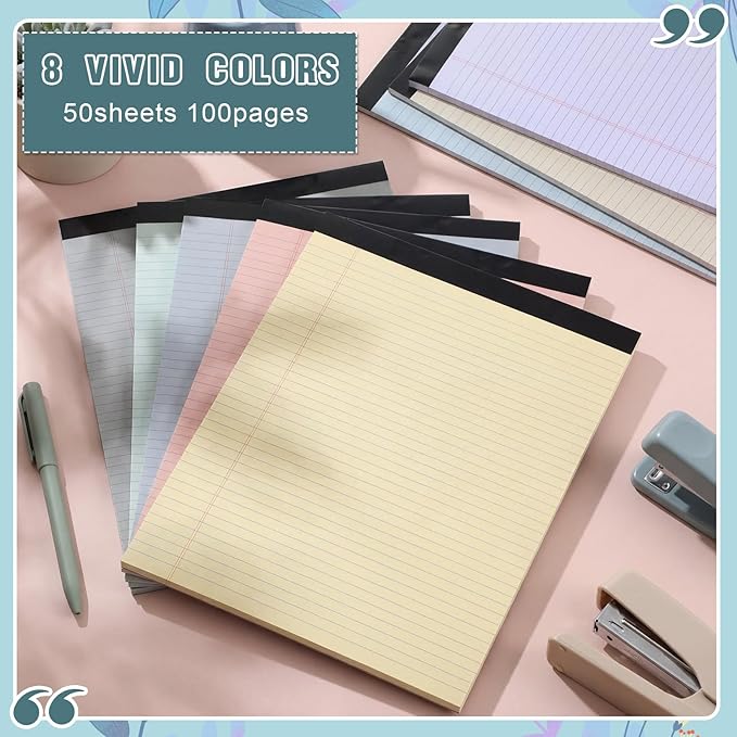 Fuutreo 8 Pcs 8.5'' x 11'' Colored Legal Pad Writing Pads Narrow Ruled 50 Sheets Per Notepad Perforated Writing Notepad Office Supplies for College Office Business (Aesthetic Color)