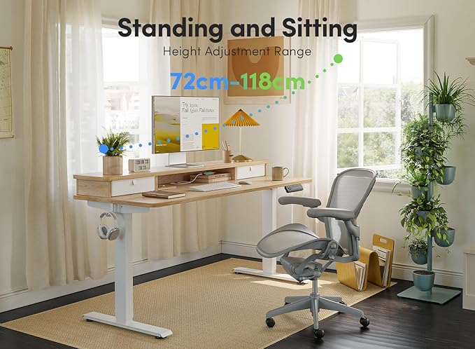 FEZIBO 48 x 24 Inch Height Adjustable Electric Standing Desk with Double Drawer, Computer Desk, Home Office Stand Up Table with 4 Height-Adjustable Feets & 2 Hooks, Maple