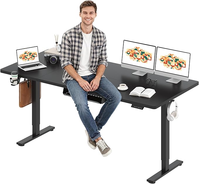 SANODESK Electric Standing Desk 79 x 32 Inches Height Adjustable Stand Up w/6-Button Ergonomic Computer Desk with Splice Board for Home Office, Black Frame + Black Tabletop