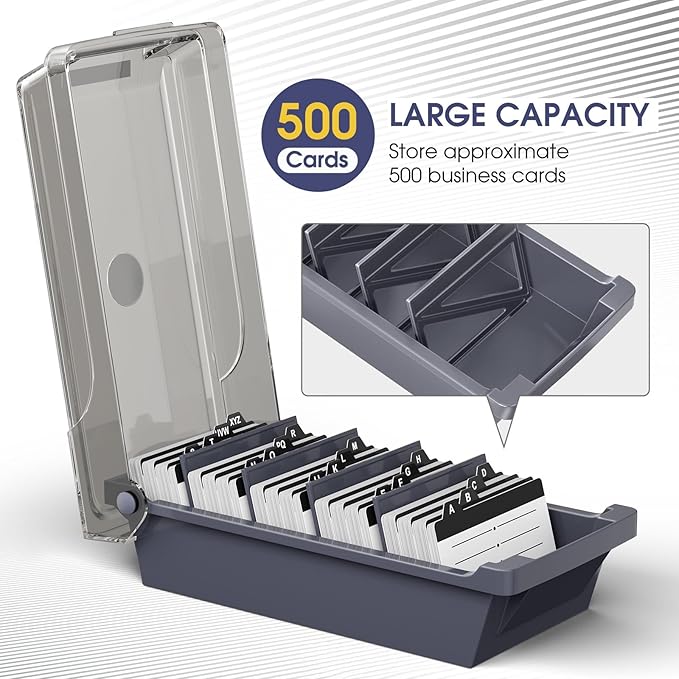 MaxGear Business Card Holder Desk, Large Plastic Business Card Organizer Box with Lid, Credit Cards Holder File Storage Case for Office & Home, Holds 500 3.5” x 2.2” Cards with A-Z Index Tabs, Gray