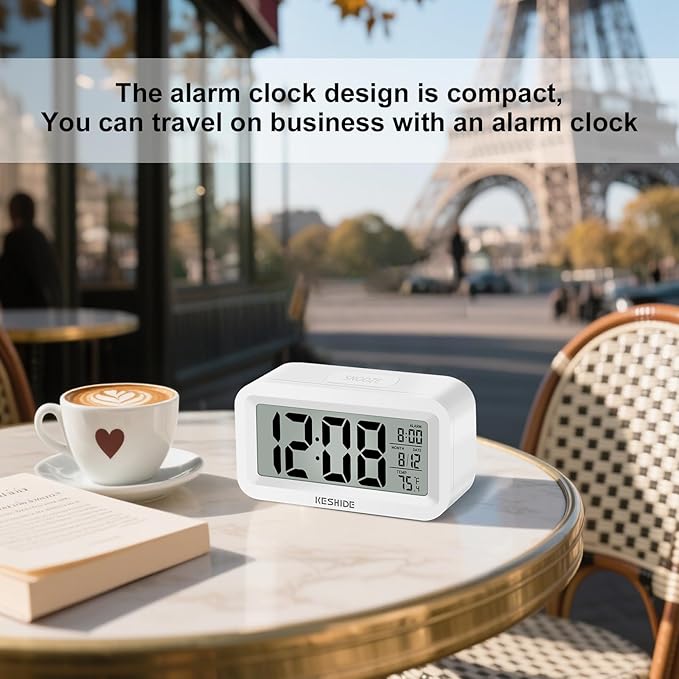 KESHIDE Travel Digital Alarm Clock, Battery Operated with Indoor Temperature, Desk Small Clock,Snooze Model,12/24H Display for Bedrooms Heavy Sleepers Kids Travel Bathroom