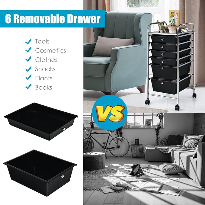 RELAX4LIFE 6-Drawer Rolling Storage Cart - Classroom Organization on Wheels w/Removable Plastic Drawers, Mobile Art Craft Cart for School Paper Home Office, Utility Cart with Drawers (Black)