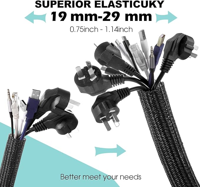 AGPTEK Cable Sleeve Cover, 2 Pack 5ft - 1.2 inch Desk Cord Organizer Cable Hider, Home Office Wire Management Computer TV Wire Loom Tubing, Pet Proof Cord Protector, from Cat Dog Chewing, Black